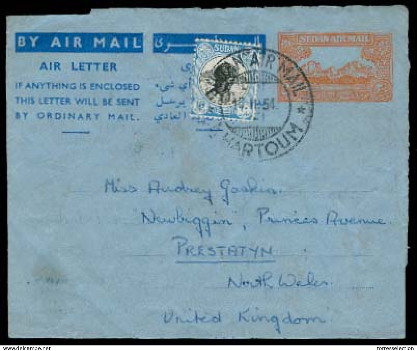 SUDAN. 1954. Khartoum - Wales / Prestatyn. Used Airletter + Adtl. Air Cds. - Sudan (1954-...)