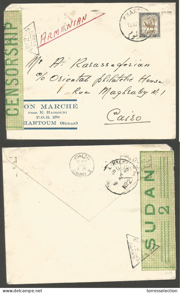 SUDAN. 1940 (12 April). Khartoum - Egypt, Cairo (17 April). Fkd Env Censored Depart Green Label Nº2. TPO Shelal - Halfa  - Sudan (1954-...)