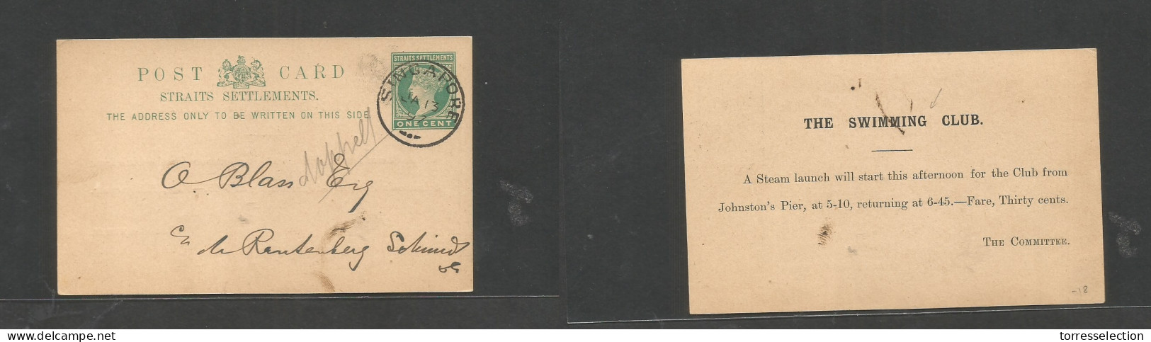 STRAITS SETTLEMENTS SINGAPORE. 1897 (13 Jan) Sing Local Usage. Reutenberg Schmidt C/o 1 Cent Green QV Stat Card. The Swi - Singapore (1959-...)