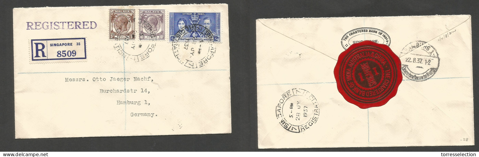 STRAITS SETTLEMENTS SINGAPORE. 1937 (28 July) Singl 35 - Germany, Hamburg (22 Aug) Registered Multifkd Env Incl Coronati - Singapore (1959-...)