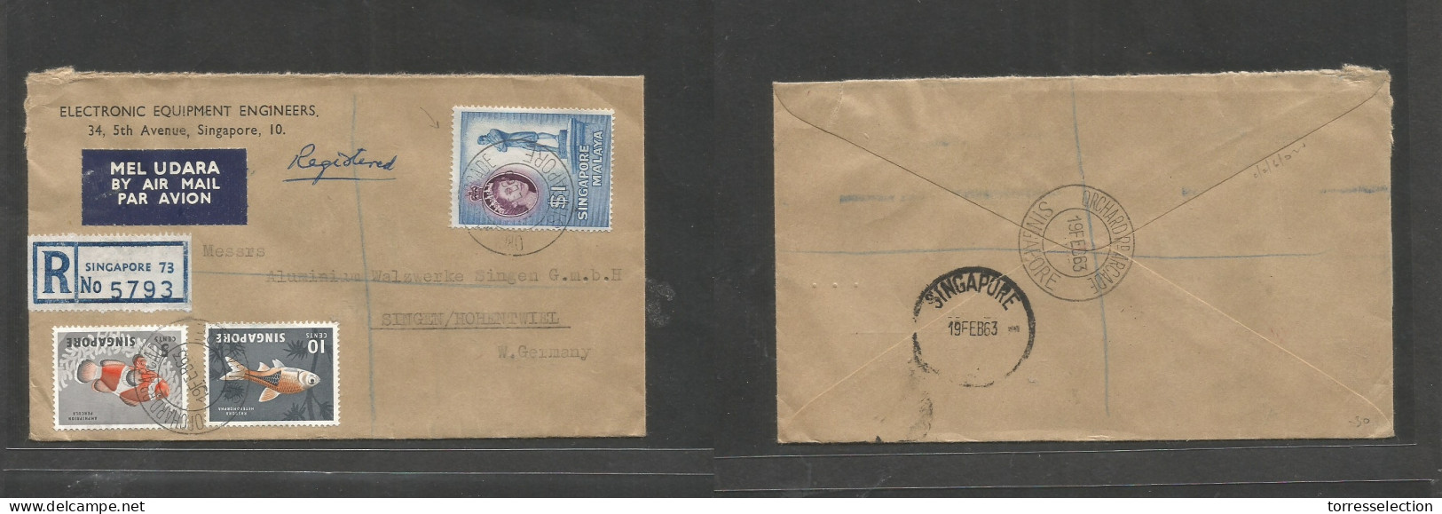 STRAITS SETTLEMENTS SINGAPORE. 1963 (19 Febr) Sing 73 - West Germany, Smgen Via GPO. Registered Air Comercial Multifkd E - Singapur (1959-...)