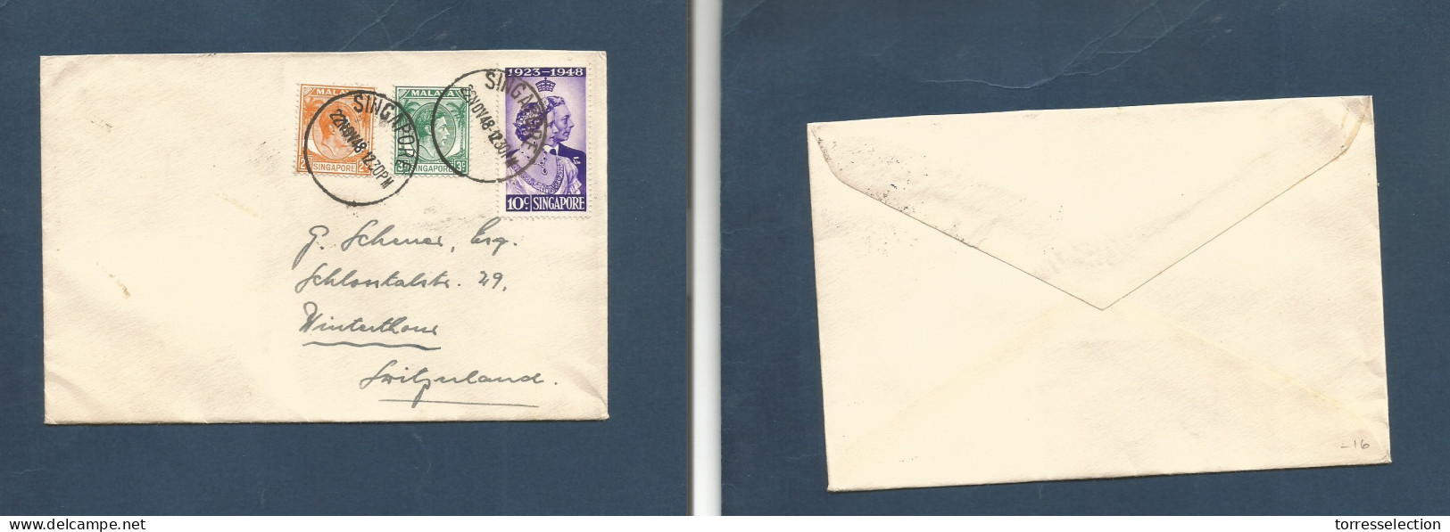 STRAITS SETTLEMENTS SINGAPORE. 1948 (22 Nov) Sing - Switzerland, Winterthur. Silver Wedding Multifkd Env At 15c Rate, Ti - Singapur (1959-...)