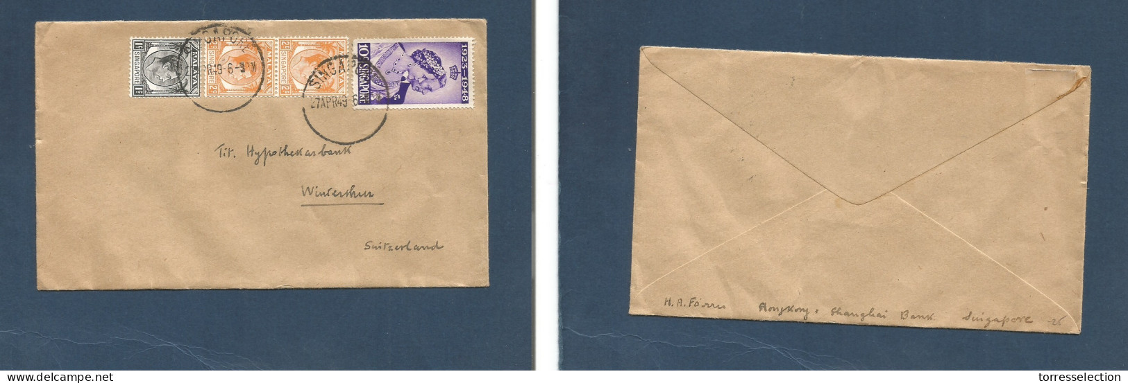 STRAITS SETTLEMENTS SINGAPORE. 1949 (27 Apr) Sing - Switzerland, Winterthur. Multifkd Env Incl Silver Wedding, At 15c Ra - Singapour (1959-...)