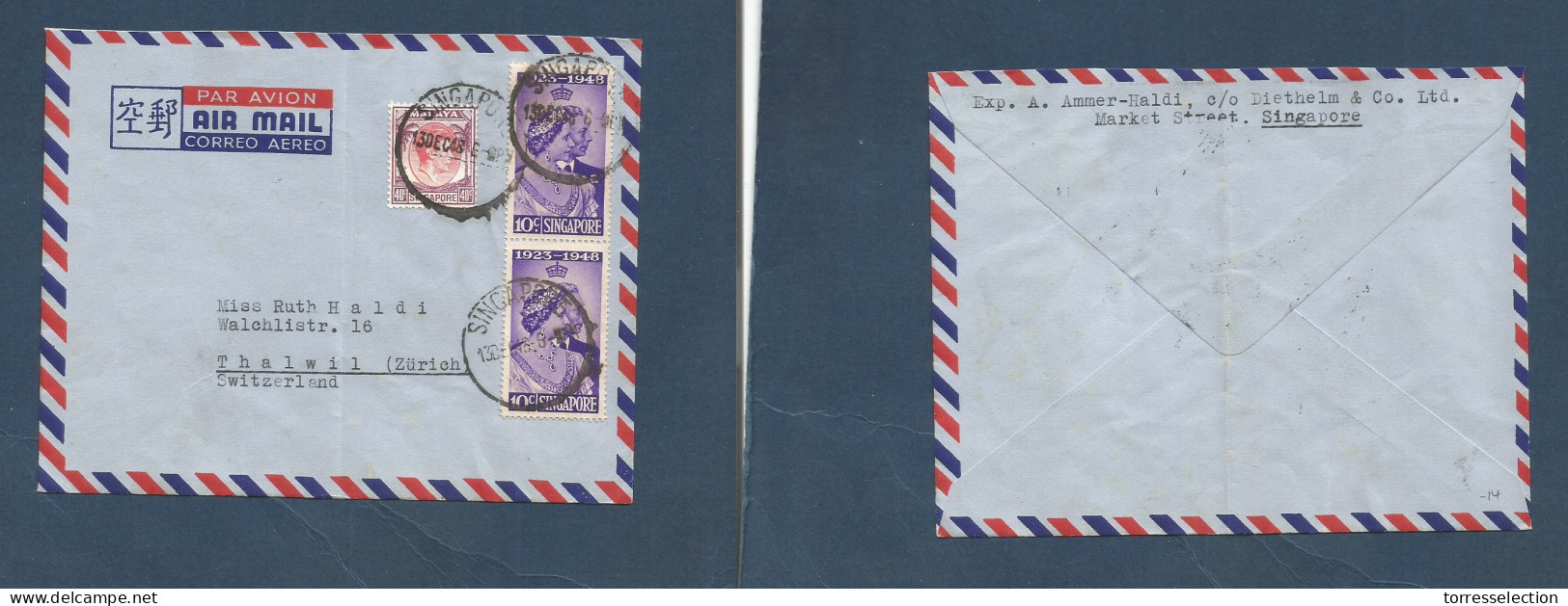 STRAITS SETTLEMENTS SINGAPORE. 1948 (13 Dec) Sing - Switzerland, Thalwil. Air Multifkd Env. Silver Wedding Usage At 60c  - Singapore (1959-...)