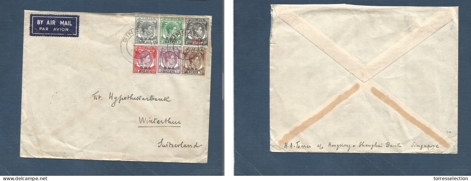 STRAITS SETTLEMENTS SINGAPORE. 1946 (7 Nov) BMA. Sing - Switzerland, Winterthur. Air Multifkd Env At 50c Rate, Tied Cds. - Singapore (1959-...)