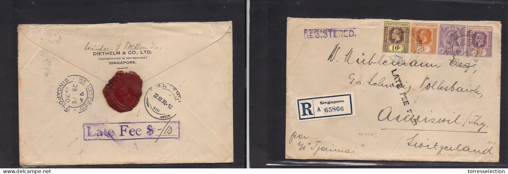 STRAITS SETTLEMENTS SINGAPORE. 1930 (28 Feb) Sing - Switzerland, Amriswil (22 March) Registered Multifkd Env + Reverse " - Singapore (1959-...)