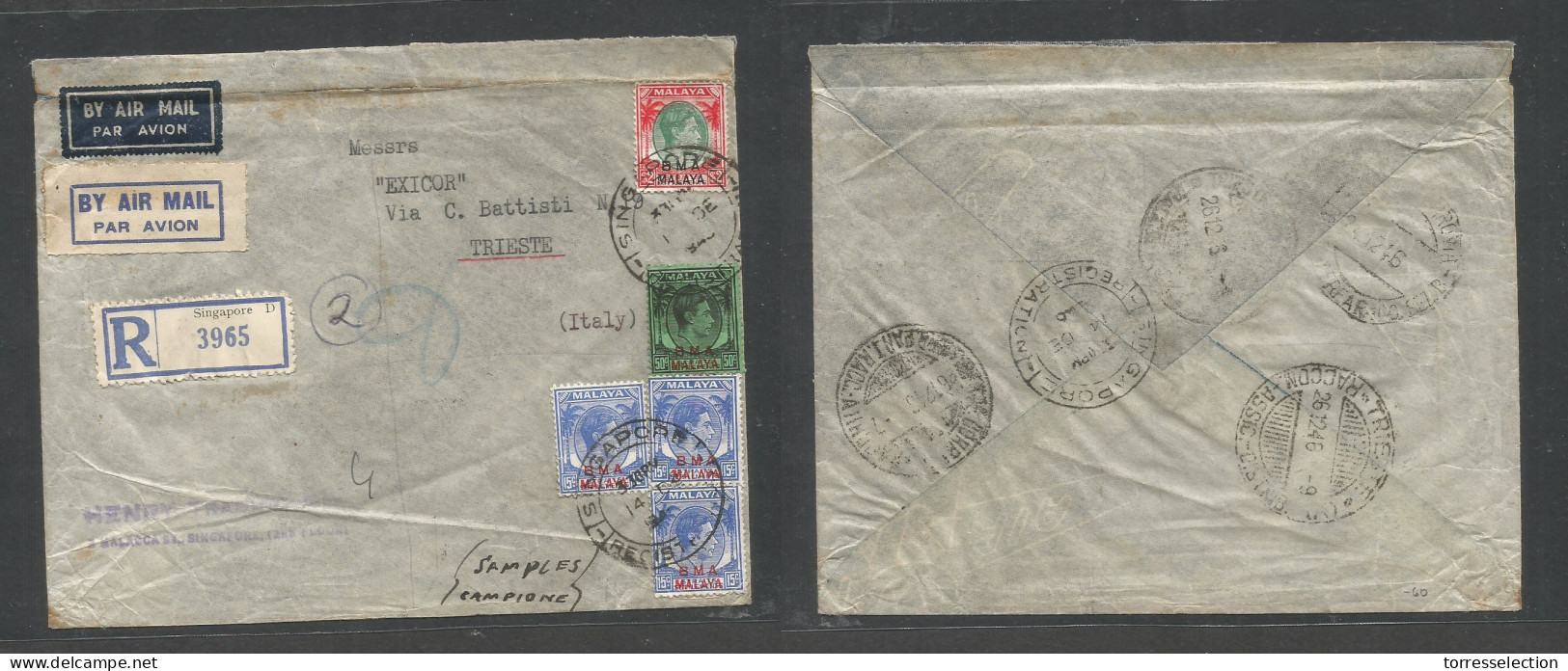 STRAITS SETTLEMENTS SINGAPORE. 1946 (14 Dec) BMA. Sing - Italy, Triest (26 Dec) Registered Air Multifkd Env At 2,95 $ Ra - Singapore (1959-...)