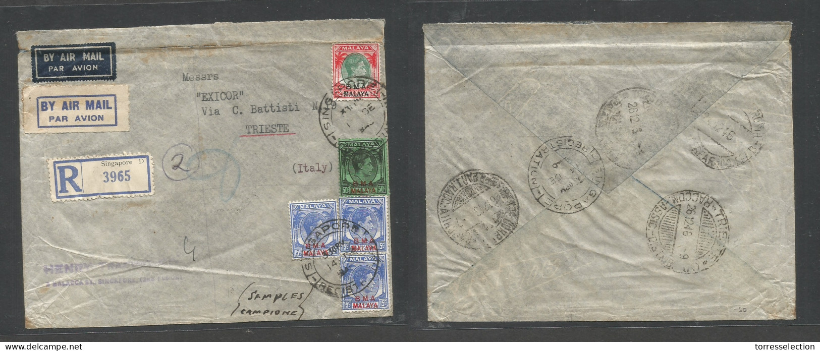 STRAITS SETTLEMENTS SINGAPORE. 1946 (14 Dec) BMA. Sing - Italy, Triest (26 Dec) Registered Air Multifkd Env At 2,95 $ Ra - Singapur (1959-...)