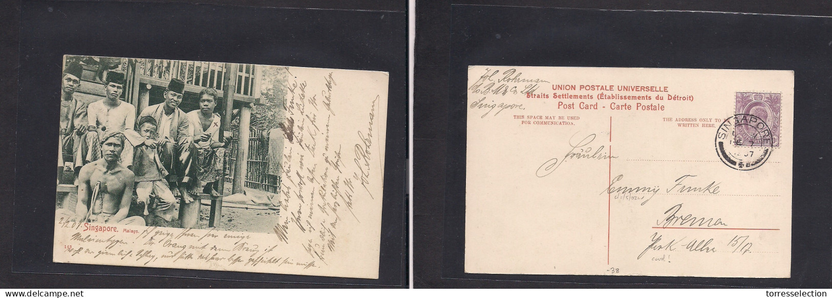 STRAITS SETTLEMENTS SINGAPORE. 1907 (2 Feb) Sing - Germany, Bremen. Exceptional Ppc, Malays Photo, Fkd 3c Lilac With Lon - Singapore (1959-...)