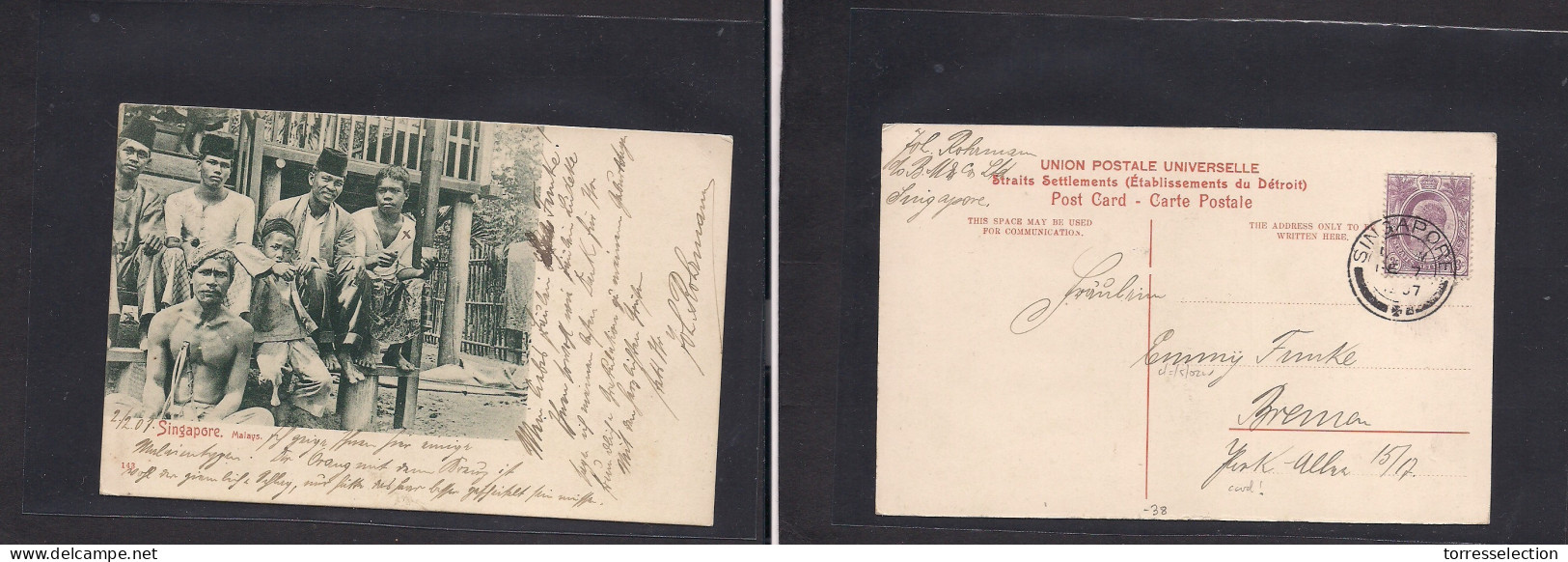 STRAITS SETTLEMENTS SINGAPORE. 1907 (2 Feb) Sing - Germany, Bremen. Exceptional Ppc, Malays Photo, Fkd 3c Lilac With Lon - Singapur (1959-...)