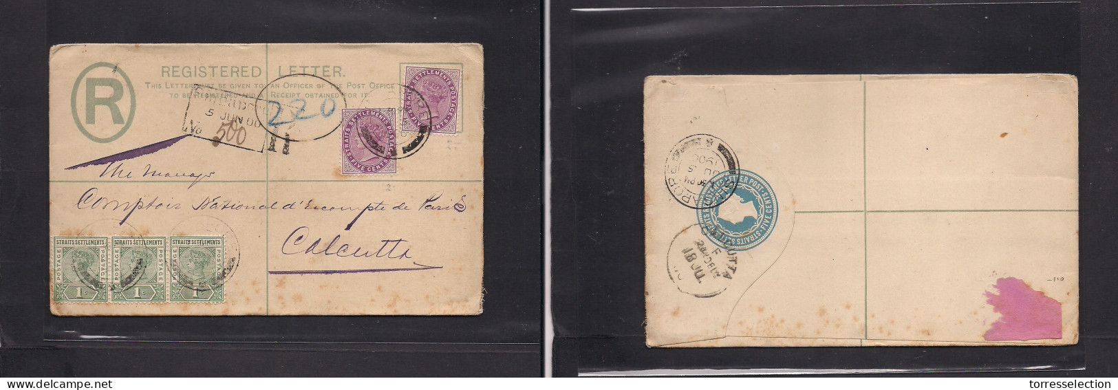 STRAITS SETTLEMENTS SINGAPORE. 1900 (June 5) GPO Sing - India, Calcutta (18 June) Registered Multifkd 5c Light Blue Stat - Singapur (1959-...)