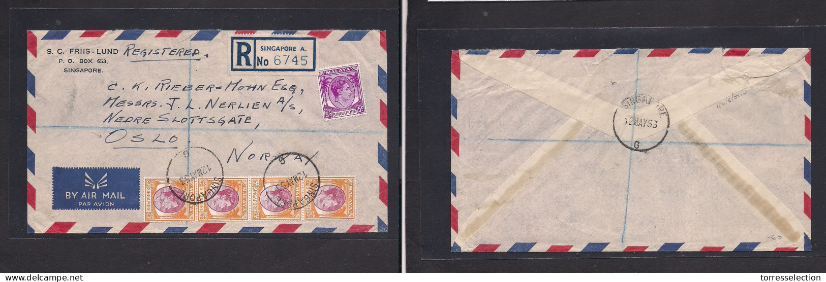 STRAITS SETTLEMENTS SINGAPORE. 1953 (12 May) Sing - Norway, Oslo. Registered Air Multifkd Env 1,25 $ Rate. Scarce Destin - Singapore (1959-...)