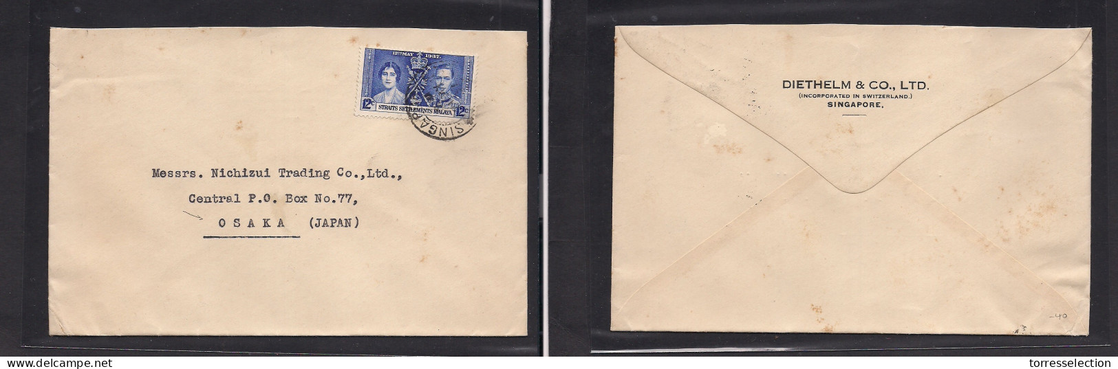 STRAITS SETTLEMENTS SINGAPORE. 1937 (May) Sing - Japan, Osaka. Single Coronation 12c Blue Fkd Env, Tied Cds. Better Come - Singapore (1959-...)