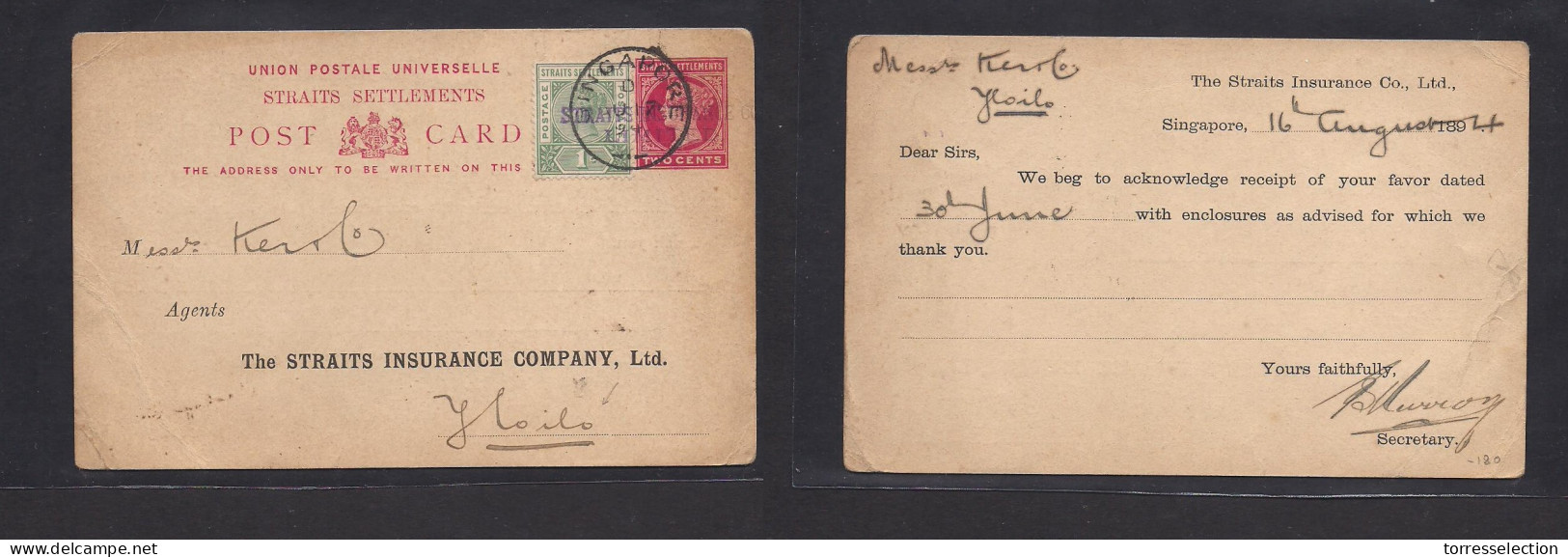 STRAITS SETTLEMENTS SINGAPORE. 1894 (16 Aug) Sing - Yloilo. Spanish Philippines. Inwards Island Comercial Control Insura - Singapore (1959-...)