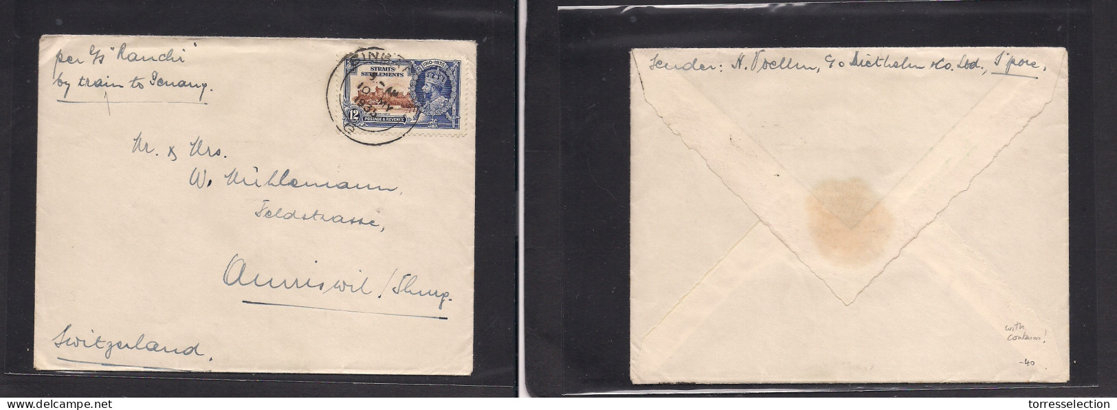 STRAITS SETTLEMENTS SINGAPORE. 1935 (10 May) Sing - Switzerland, Auriswil. Silver Jubilee Single 12c Fkd Env By "SS Ranc - Singapore (1959-...)