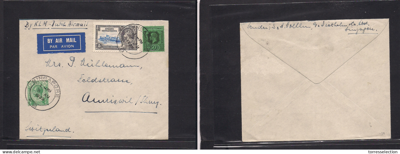 STRAITS SETTLEMENTS SINGAPORE. 1935 (3 Aug) Sing - Switzerland, Auriswil. Air Klm Multifkd Env, At 57c Rate, Tied Cds. V - Singapour (1959-...)