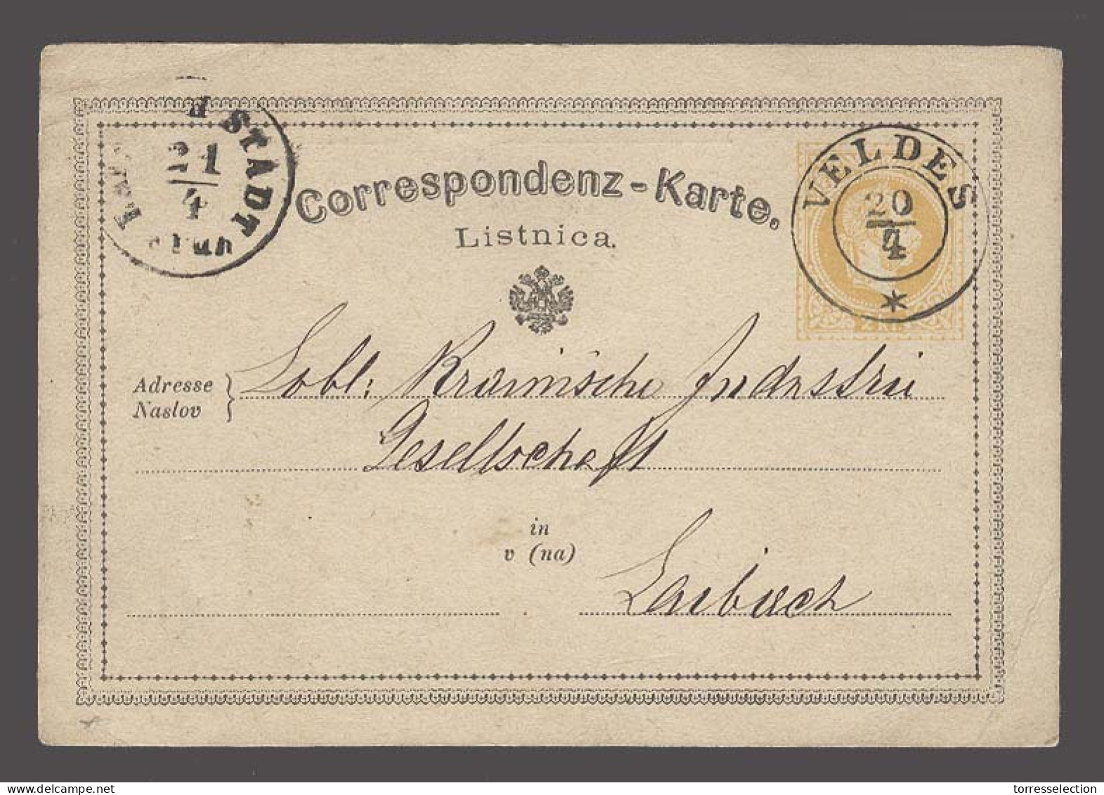 SLOVENIA. 1873 (19 April). Seebach / Veldes - Laibach (21 April). 2kr Yellow Early Stat Card. VF Cds. - Slovénie