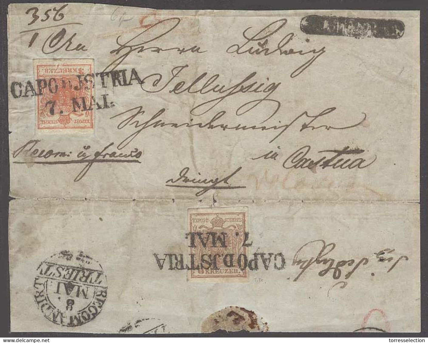 SLOVENIA. C.1851-2 (7 May). AUSTRIA. Capo D Jstria - Castua (Tellugsig). Via Triest (8 May). Reg Fkd Opened E (as Seen)  - Slovénie