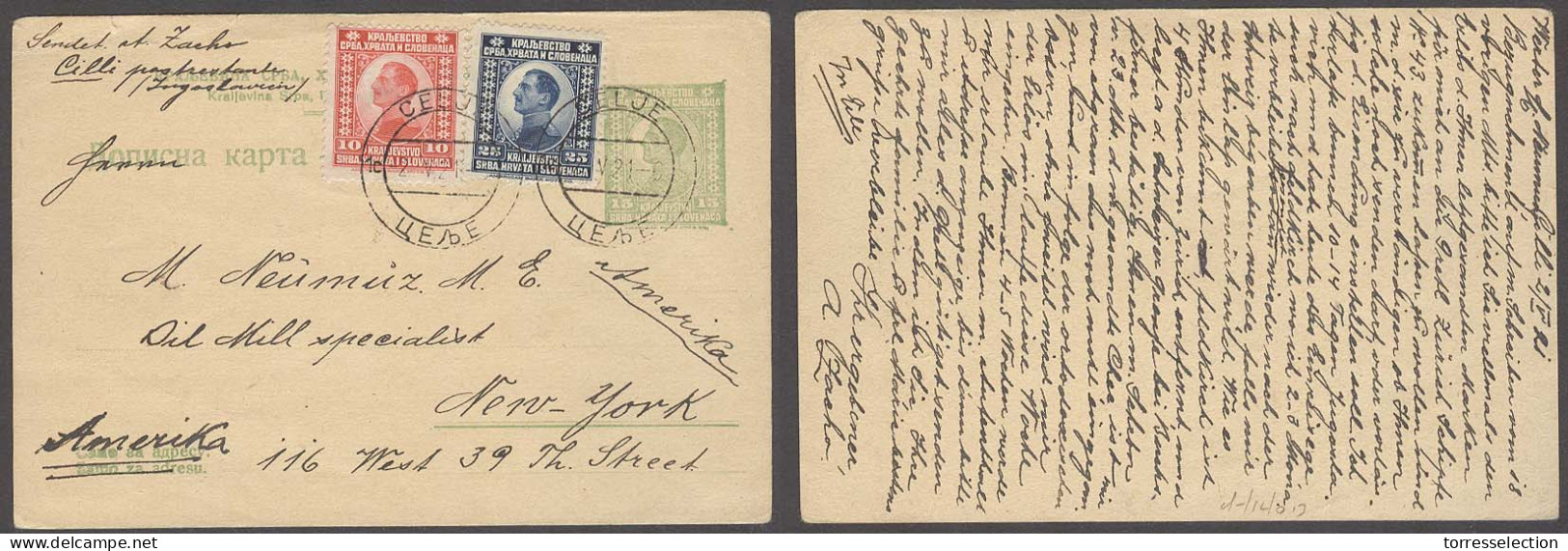 SLOVENIA. 1921 (2 May). Celje - USA. 15sr Green Stat Card + 2 Adtls Cds. VF Early Transtlantic Usage. - Slovénie