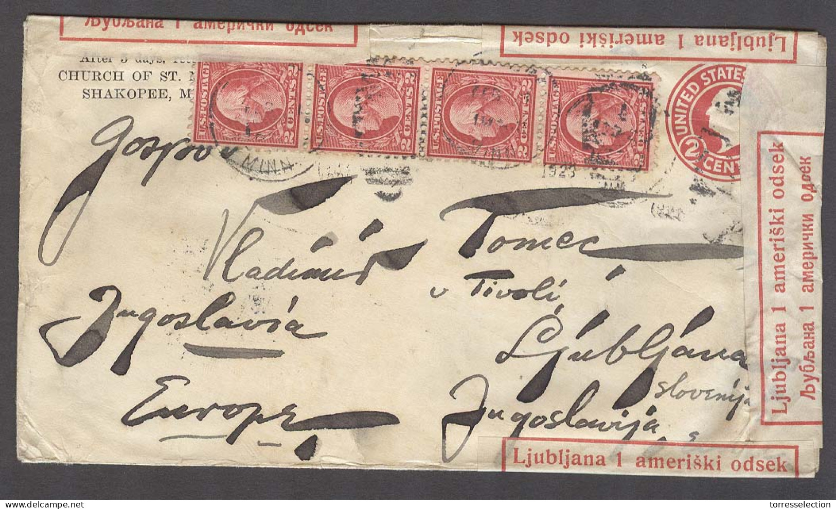 SLOVENIA. 1928. Shakopee / Minesota USA - Ljubljana. US 2cts Stat Env + 4 Adtls, Arrived Opened With Slovenian Post Offi - Slovénie