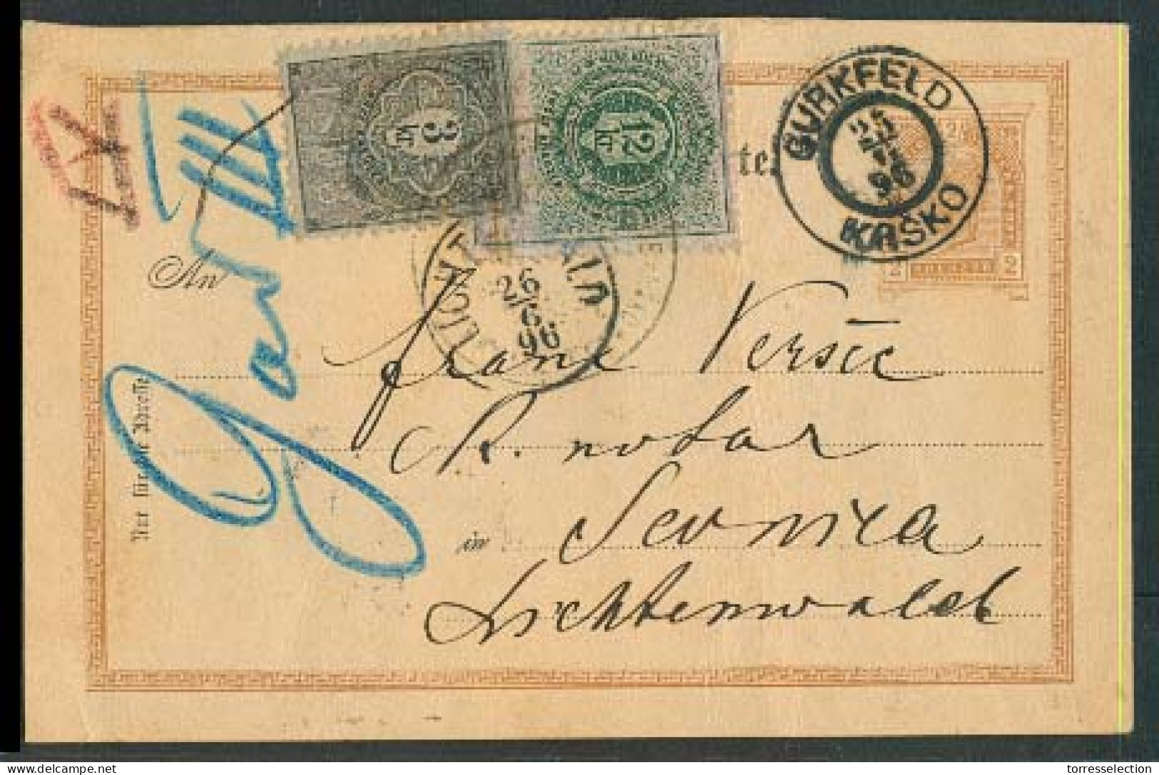 SLOVENIA. 1896 (25 June). Krsko / Gurkfeld - Svernica. Austria 2kr Stat Card / Cds + 2 Fiscal Revenue Tied Stamps. Rare  - Slovenia