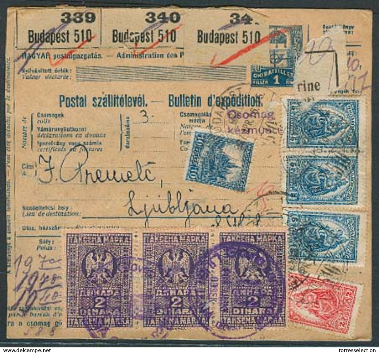 SLOVENIA. 1916 (7 April). Budapest - Slovenia. Reg Hungarian Packet Multifkd Stat Receipt + Arrival 6d Tax Stamps Tied.  - Slovenia