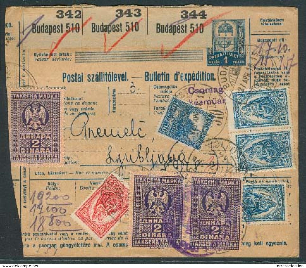 SLOVENIA. 1916 (27 April). Budapest - Slovenia / Ljubljana. Reg Multifkd Stat Receipt + Adtl With Slovenian 6d Rate, Tie - Slovénie