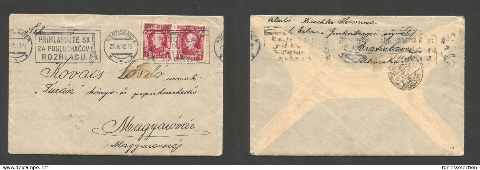 SLOVAKIA. 1940 (25 April) Bratislava - Hungary, Maguarovga. Multifkd Env, Slogan Cachet. Unsealed With Country. Interest - Otros & Sin Clasificación