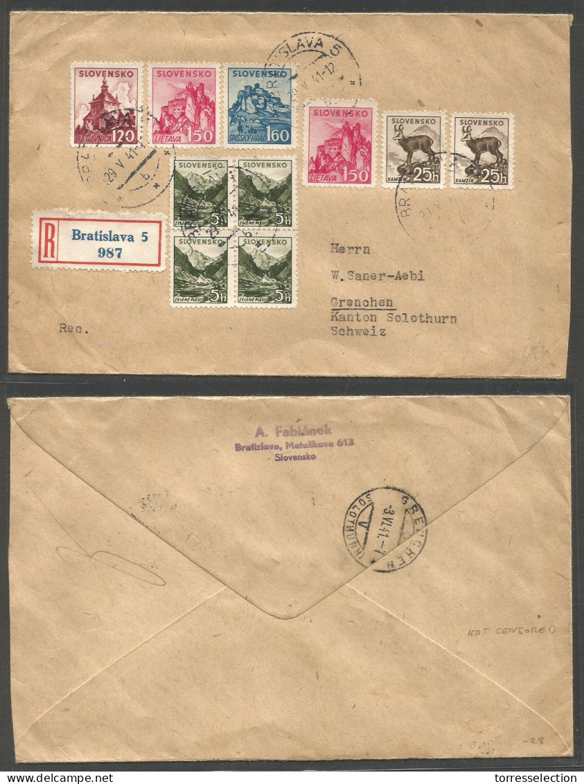 SLOVAKIA. 1941 (29 May) Bratislava 5 - Switzerland, Grenchen (3 June 41) Registered Multifkd Envelope Incl Block Of Four - Otros & Sin Clasificación