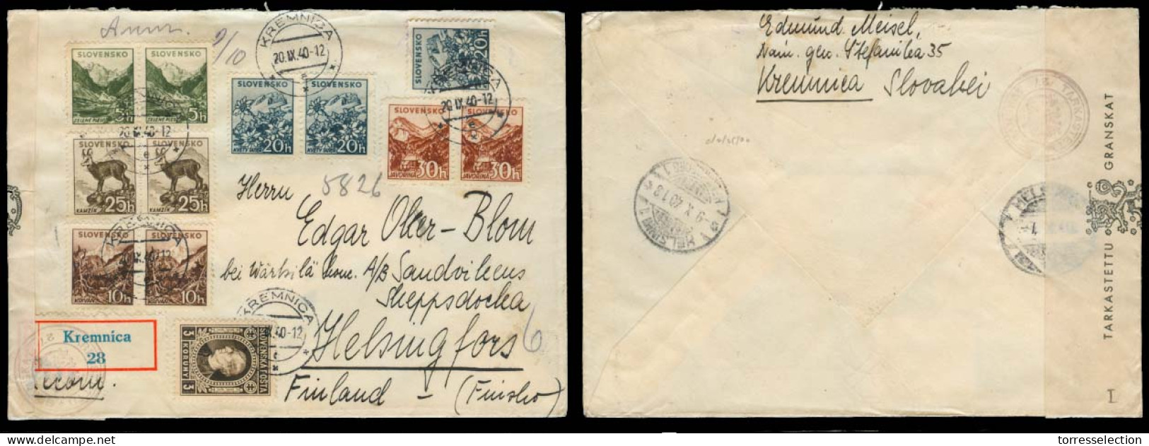 SLOVAKIA. 1940 (20 Sept). Kremnica - Finland. Reg Multifkd Env + Arrival Censorship Label. XF. Lovely Item + Scarce. - Sonstige & Ohne Zuordnung