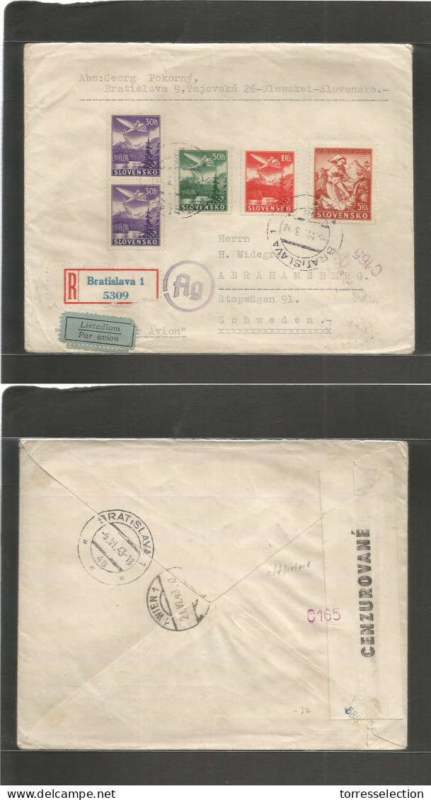 SLOVAKIA. 1943 (9 June) Bratislava - Sweden, Abrahamberg. Via Wien (21 June) Registered Air Multifkd Env + Censor. VF. - Otros & Sin Clasificación