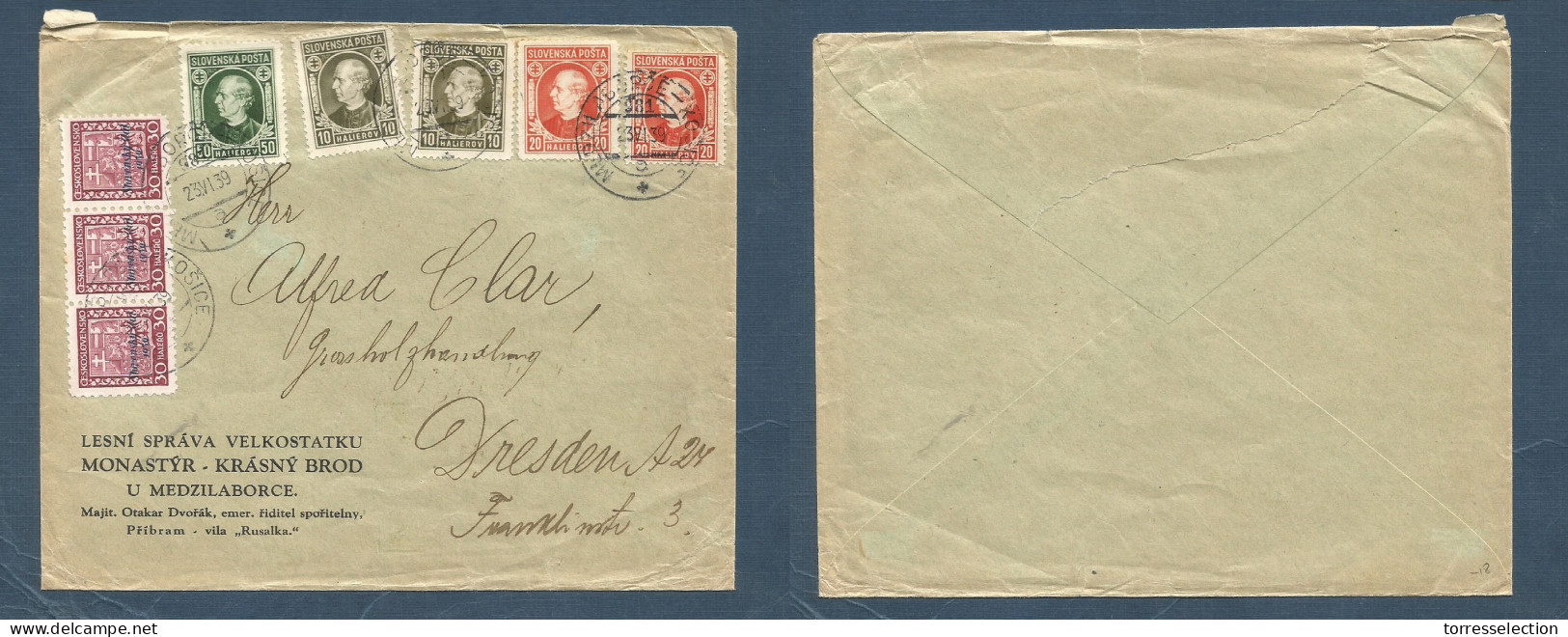 SLOVAKIA. 1939 (23 June) Monastyr - Germany, Dresden. Multifkd Env + Ovptd Mixed Issues. - Other & Unclassified