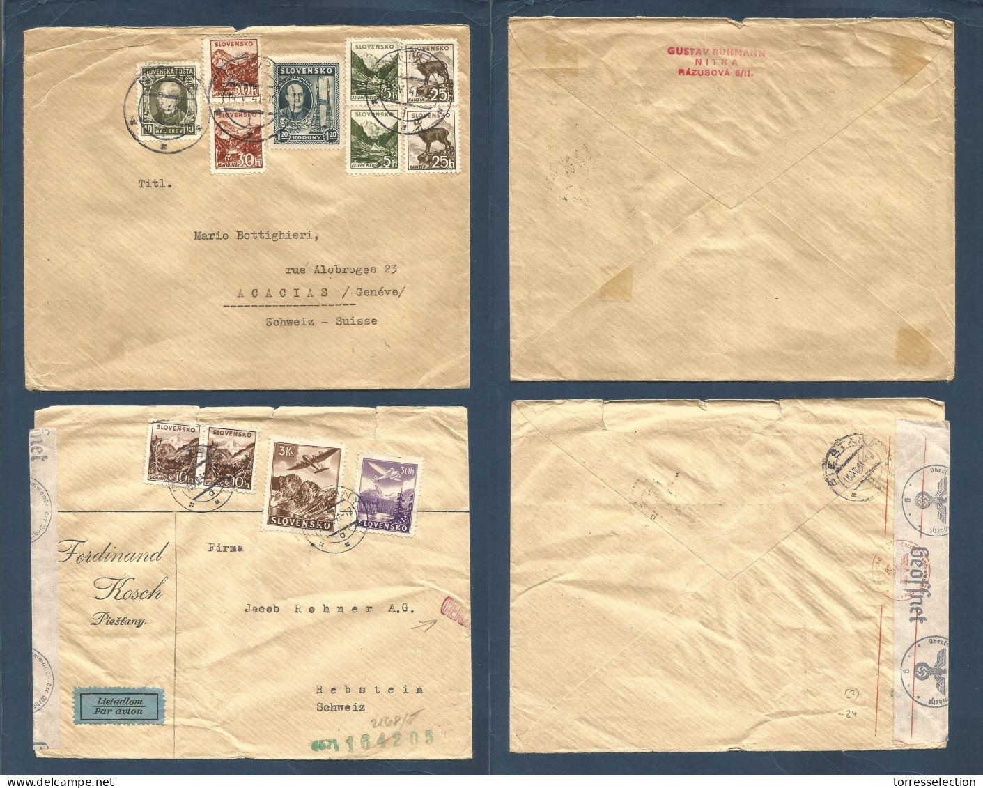 SLOVAKIA. 1941 (May - Dec) Pietany And Nira. 2 Ceres Multifkd Usages To Switzerland, One Censored. Fine Duo. - Other & Unclassified