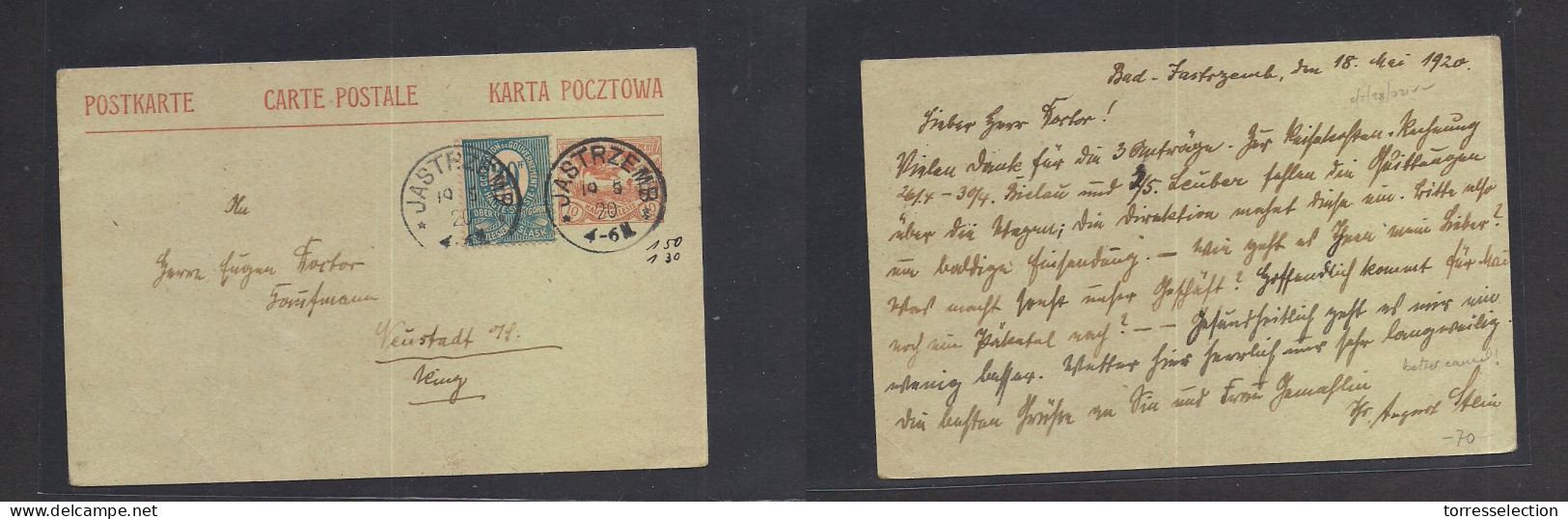 Silesia. 1920 (19 May) Jastrzemb - Neustadt. 10 Pf Red Stat Card + 20 Pf Blue Adtl, Tied Cds. Polish Admin. - Silésie