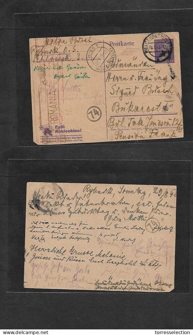 Silesia. 1943 (30 Aug) WWII. Poland. Bielitz - Romania, Bucharest. Via Wien, Austria. Hitler 6c Violet Stat Card, Europe - Schlesien