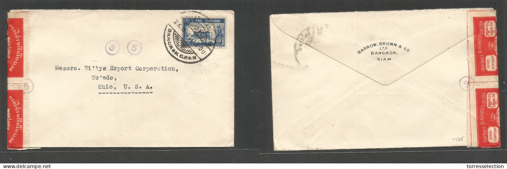 SIAM. 1941 (28 May) BKK - USA, OH, Toledo. Single Fkd Env + Depart Siamese Censor Label, Tied Nr. 5. VF + Scarce. - Siam
