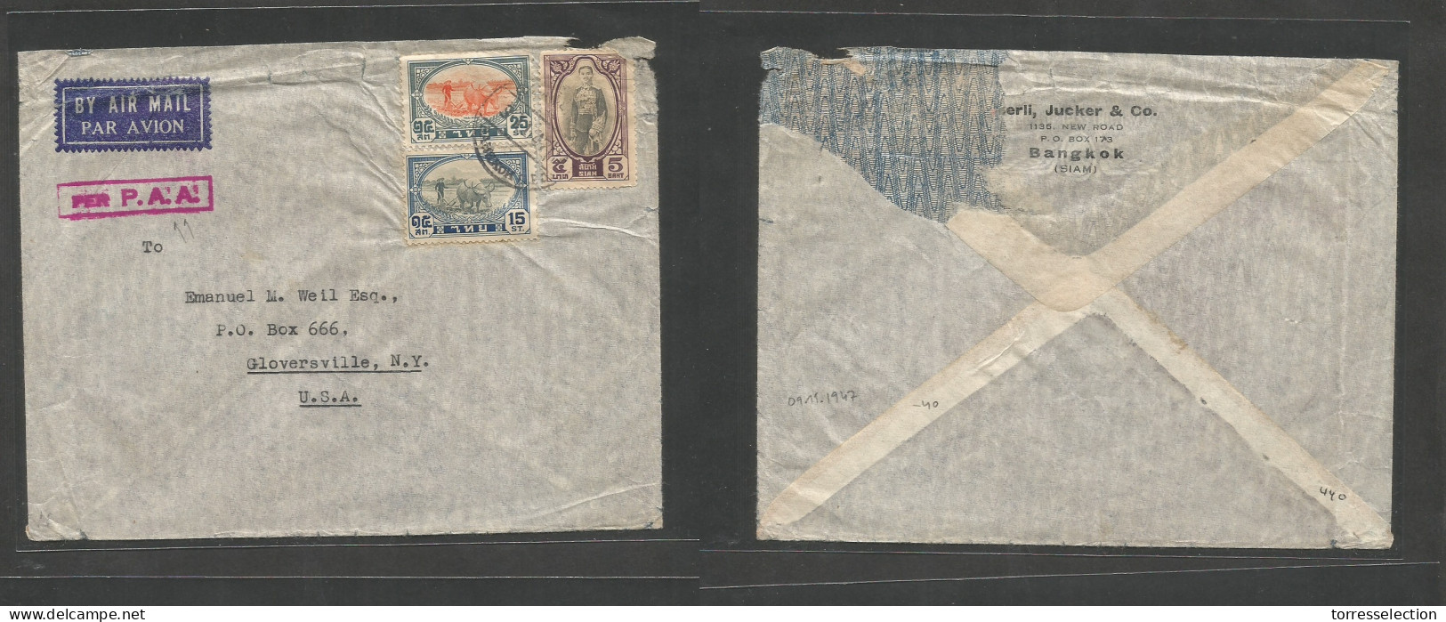 SIAM. 1947 (3 Nov) BKK - USA, Glovesville, NY. Air Multifkd Env At 5,30 Baht Rate, Red Box "per PAA" (Pan American) V. H - Siam