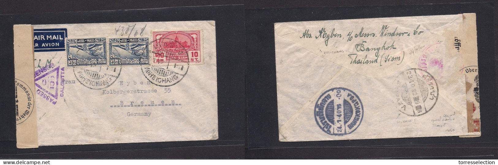 SIAM. 1940 (22 Jan) Kohsichang - Germany, Bremen, Via Soeraja (Thai) - BKK. British India Censor Cachet + Nazi Arrival L - Siam