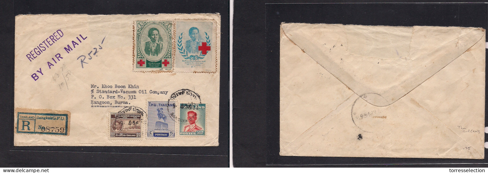 SIAM. 1956 (19 April) Thai Red Cross. Royal Labels. BKK - Burma, Rangoon (17 Apr) Registered Air Multifkd Envelope. Fine - Siam