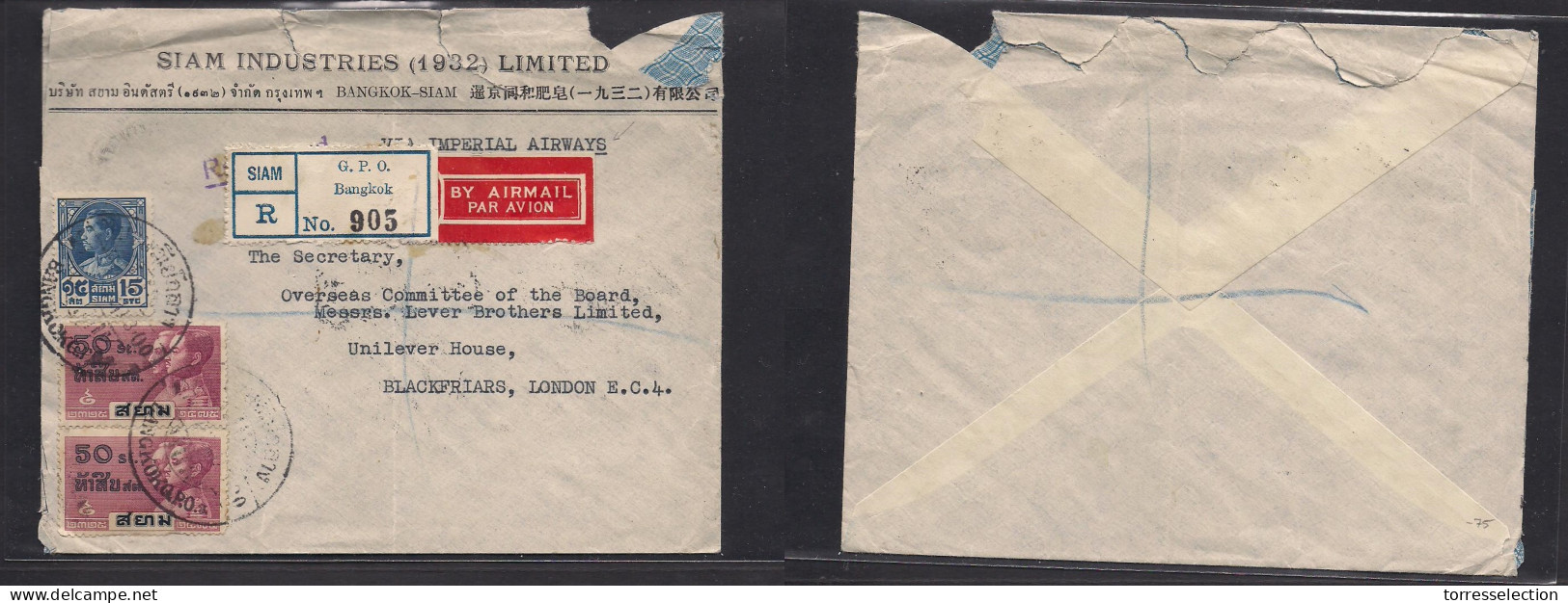 SIAM. C. 1937. GPO BKK - UK, Blackfriars. Registered Multifkd Airmail Envelope + Two R + Air Red Labels Via British IMPE - Siam