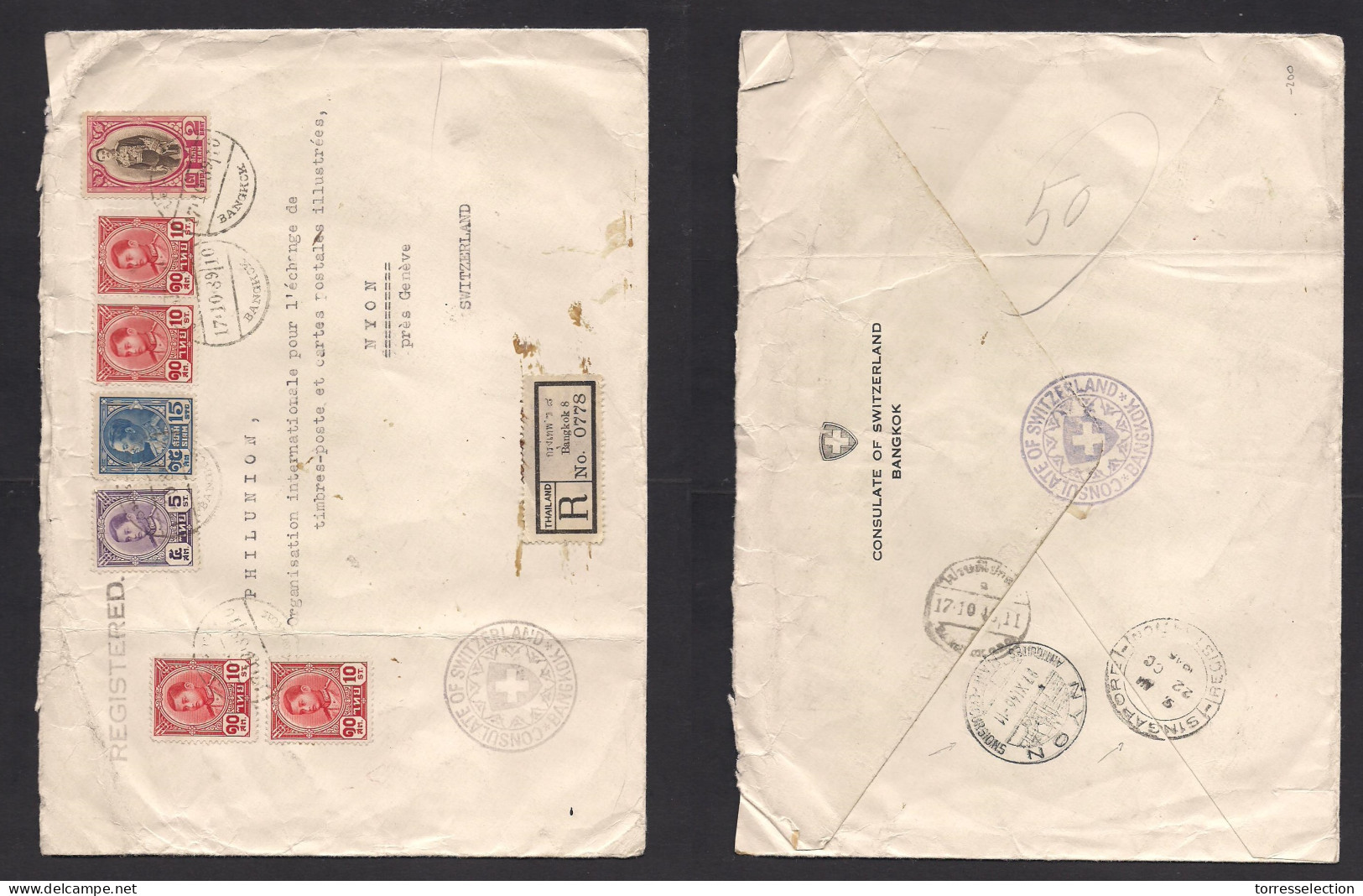 SIAM. 1946 (17 Oct) BKK - Nyon, Switzerland (27 Nov) Swiss Consulate Mial. Registered Air Multifkd Envelope High Rate Tr - Siam