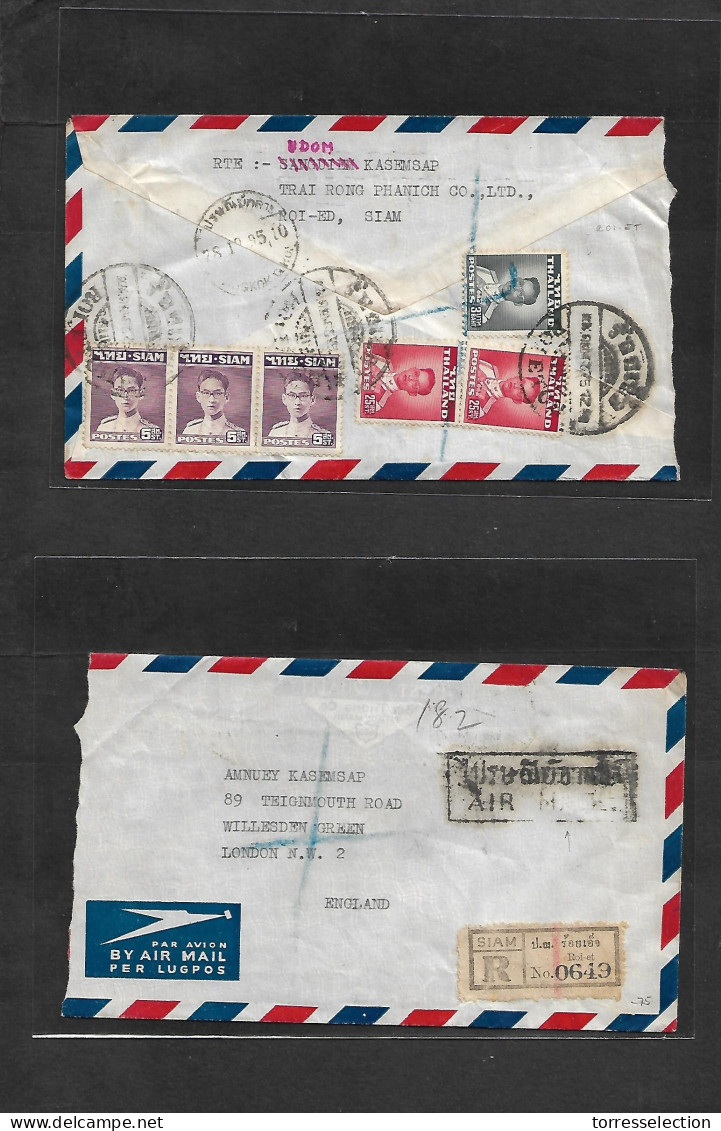 SIAM. 1952 (25 Dec 2495) Roi Etch - England, London. Registered Air Reverse Multifkd Envelope. Special PO Bilingual Air  - Siam