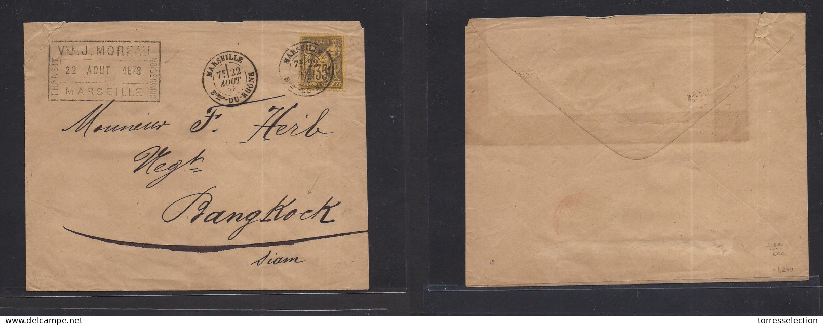 SIAM. 1878 (22 Aug) France, Marseille - Bangkok. Extraordinary Rare Pre-UPU France Sage Issue Pre-franked Envelope At 35 - Siam