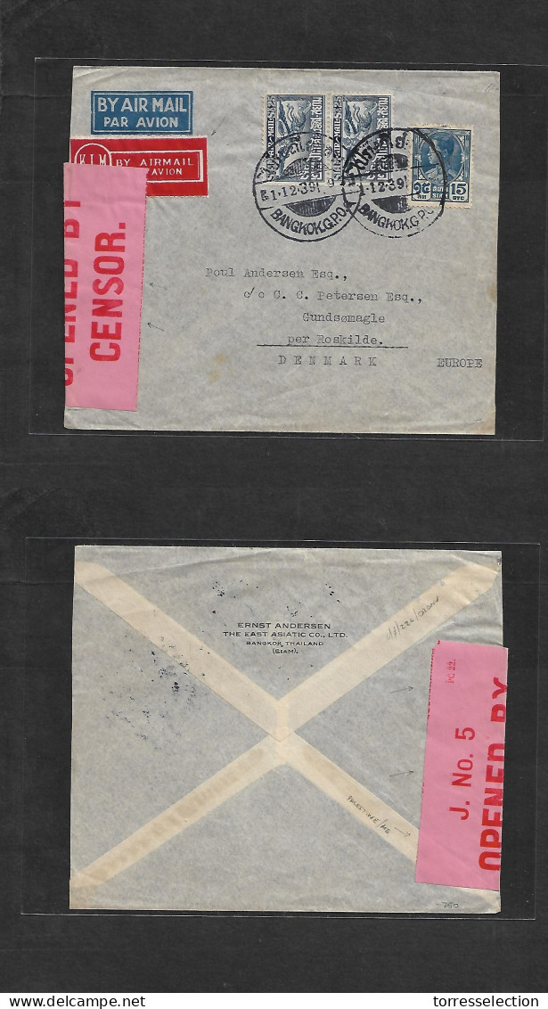 SIAM. 1939 (1 Dec) BKK - Denmark, Gundsomagle. Air KLM (red Label) Multifkd Envelope, Pink British Palestine "J. No. 5 / - Siam