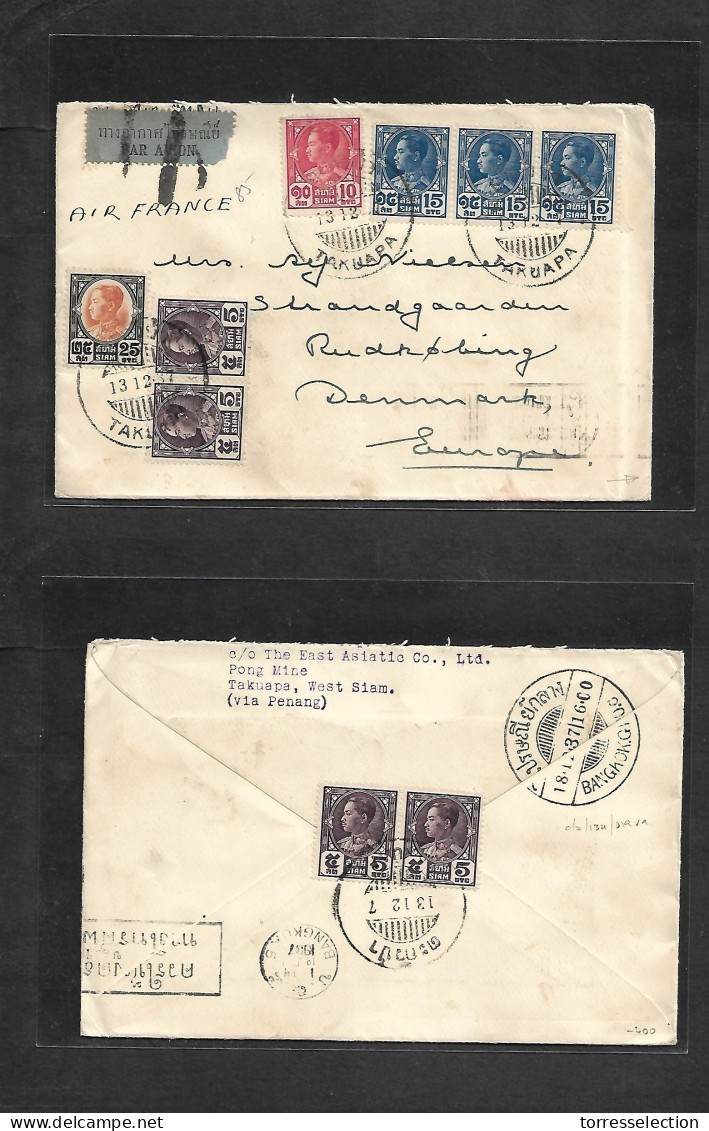 SIAM. 1937 (13 Dec) Takuapa, West Siam - Denmark, Rudkobing. Air Multifkd Front + Reverse Usage Envelope. Via BKK. XF +  - Siam