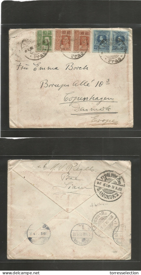 SIAM. 1922. Prae - Denmark, Copenhagen, Europe. Multifkd Envelope, Mixed Issues Bilingual Cachet. Fine. - Siam