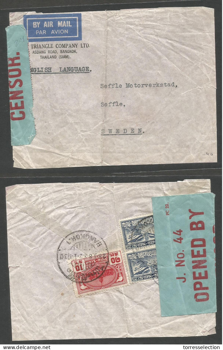 SIAM. 1943. Bkk-1 - Sweden, Seffle. Fkd Reverse Env + J - 44 Bluis Censor Label. WWII. - Siam