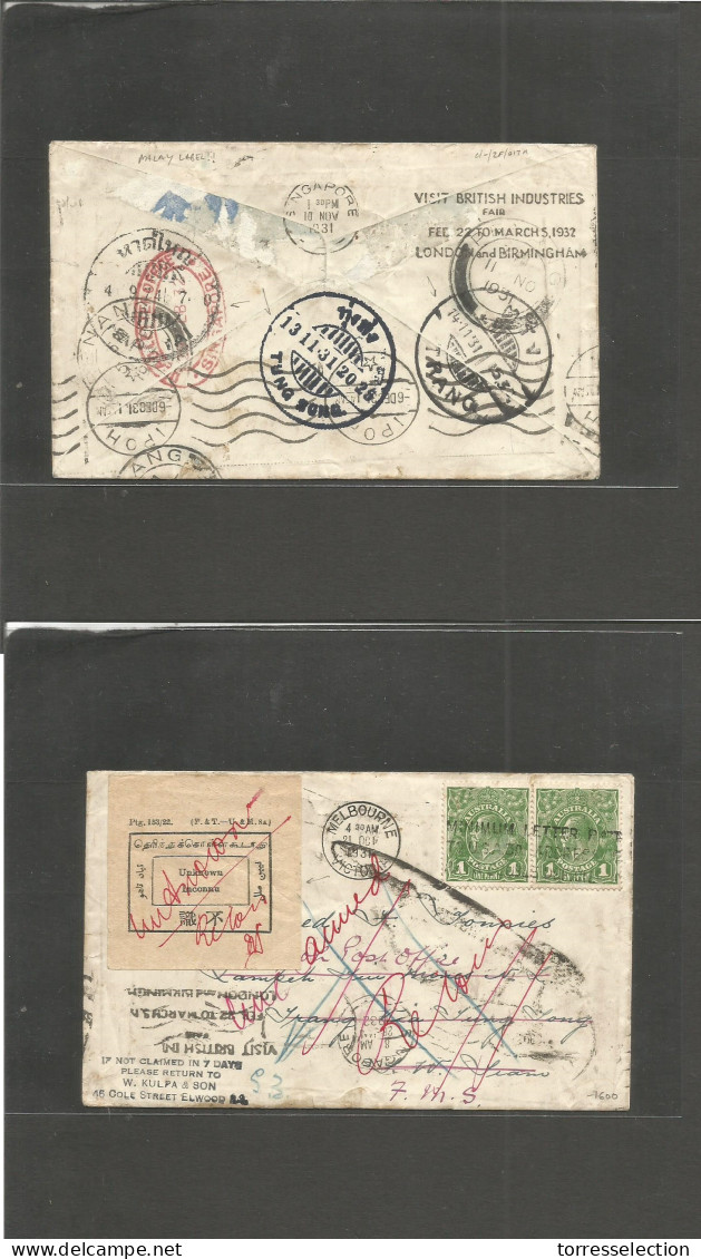 SIAM. 1931 (21 Oct) Australia - Trang Via Tung Song Haad Thai (xxx/RRR) South West Siam, Over To Federated Malay States  - Siam