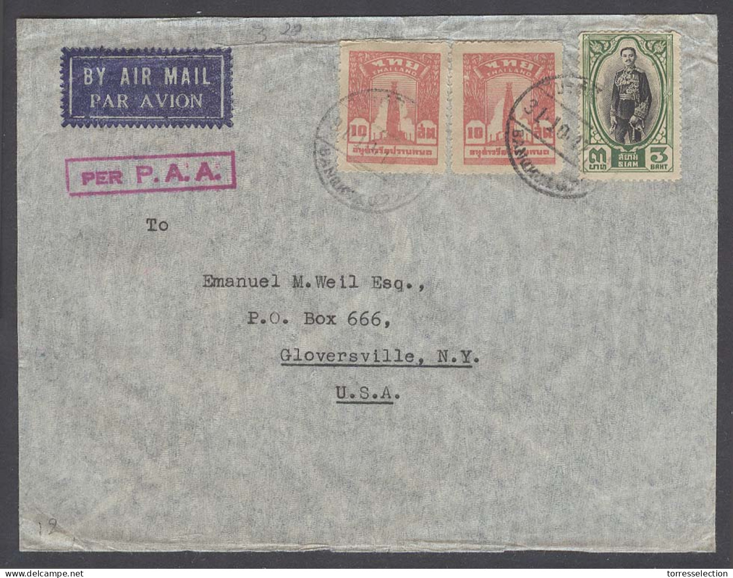 SIAM. 1947 (31 Oct). BKK - USA. Air Multifkd Env Boxed Per PAA (xxx). Fine Air Cachet. - Siam