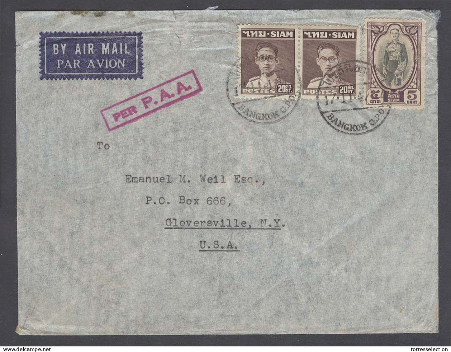 SIAM. 1947 (17 Nov). BKK / GPO - USA. Airmail Fkd Env. Per PAA Air Violet Cachet. VF. - Siam
